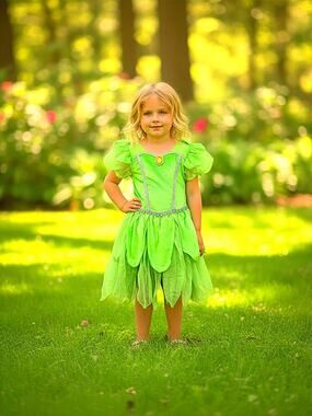 Disney Tinker Bell Fairy Costume Dress Green Velvet Girls Size 7-8- No Wings